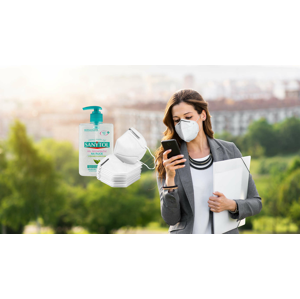 Jednorázové rúška, ochranné masky alebo respirátory + darček: dezinfekcia na ruky Sanytol